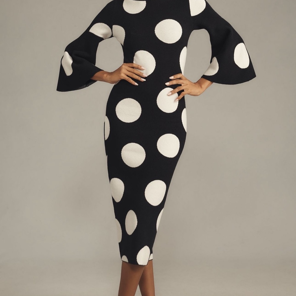 Anthropologie Black and White Polka Dot Midi Dress with Bell Sleeves